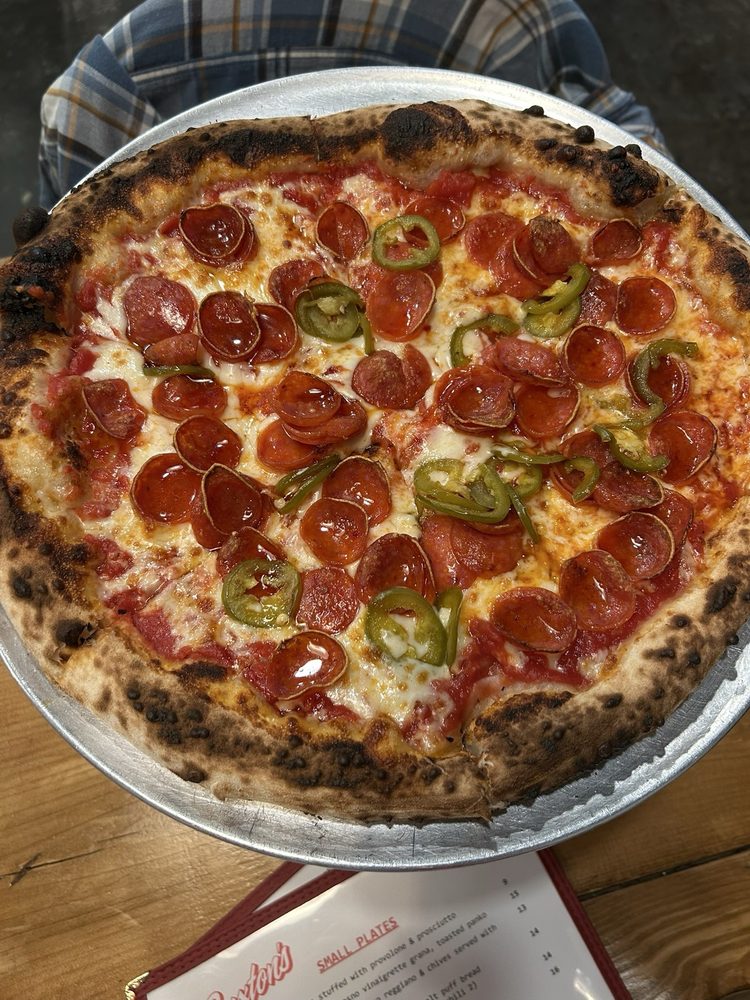 Hot Hog pie with cup and char pepperoni and pickled jalapeno